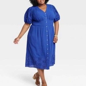 Knox Rose Short Sleeve Royal Blue Eyelet Puff Sleeve Dress M
